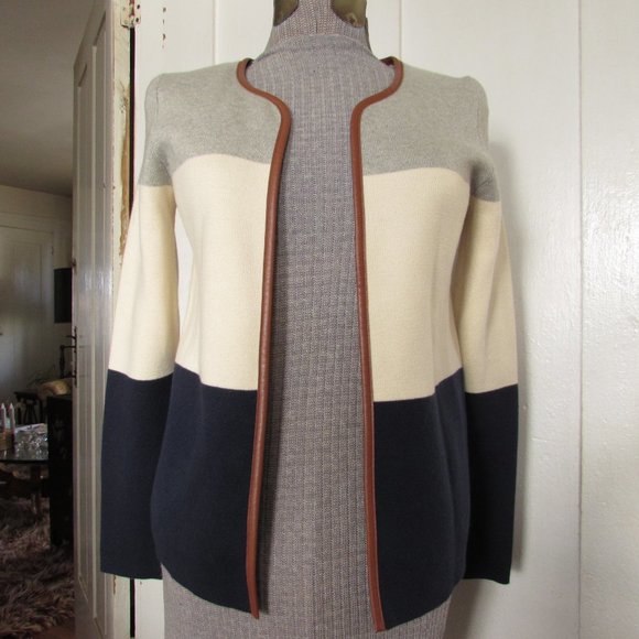 BANANA REPUBLIC Gray Cream and Navy Blue Stripe Cardigan with Leather Trim - Picture 1 of 6